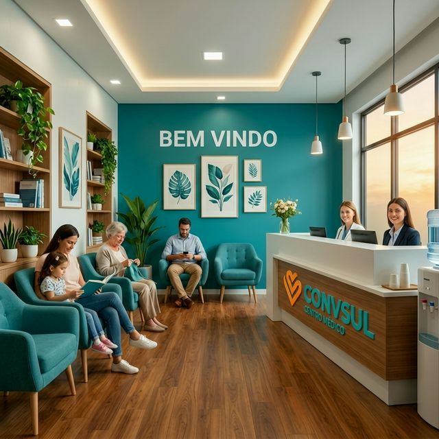 Interior moderno da clínica CONVSUL com ambiente acolhedor e profissional